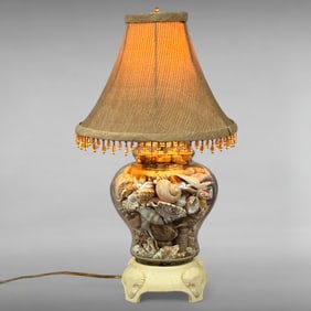 Vintage Nautical Seashell Filled Glass Table Lamp with Ceramic Base
