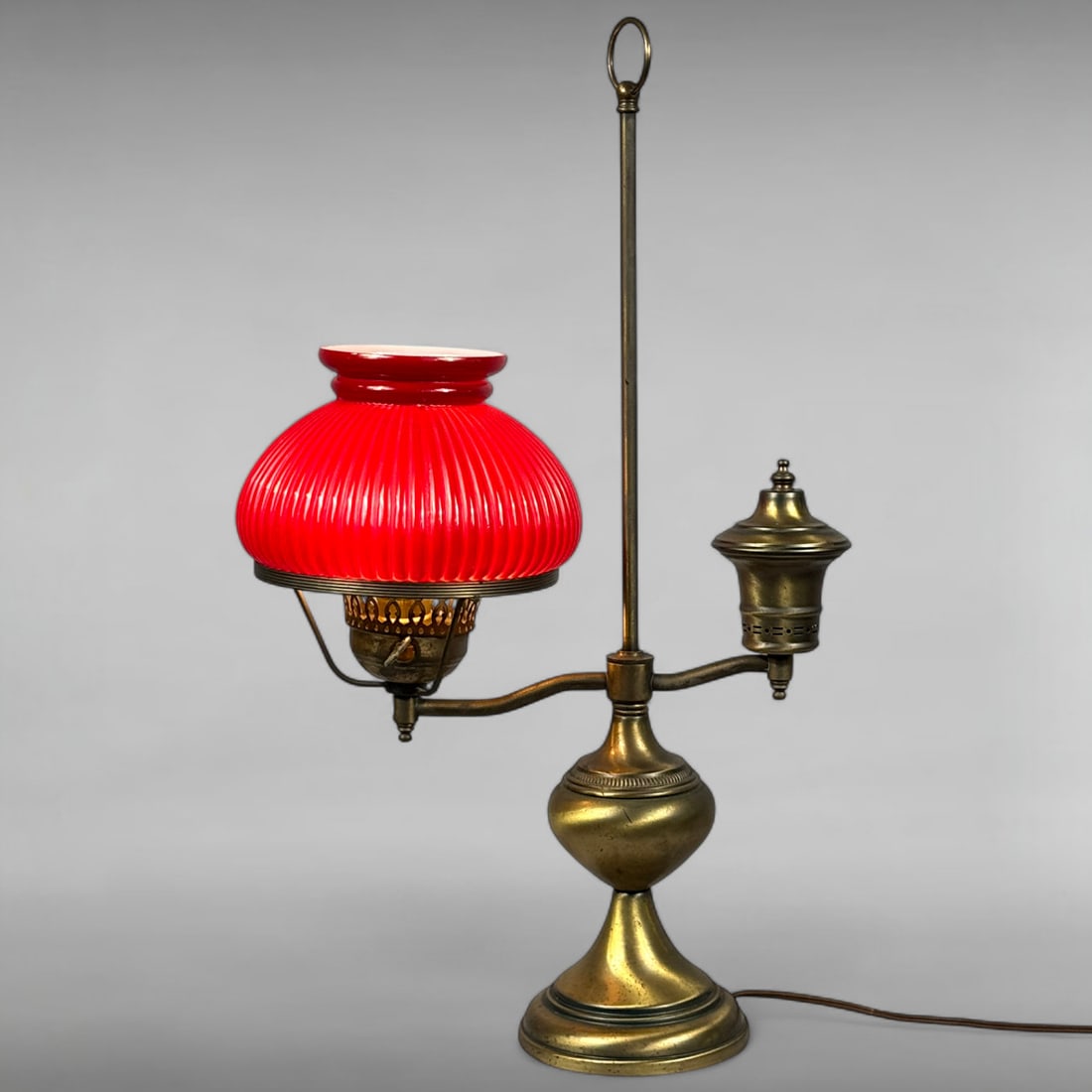Vintage Reproduction Brass Student Lamp with Red Ribbed Glass Shade (1 of 13)