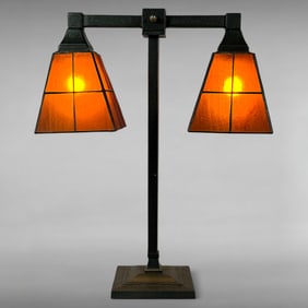 Vintage Mission Style Double Shade Student Lamp with Amber Leaded Glass