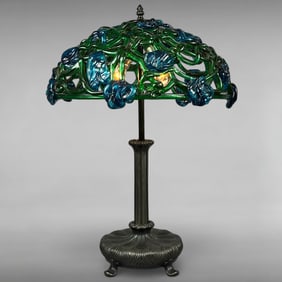 Antique Art Nouveau Floral Glass Table Lamp with Blue Flowers and Green Vines