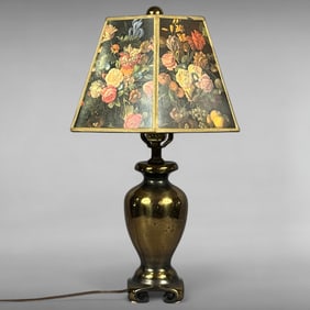 Vintage Brass Ginger Jar Accent Lamp with Dutch Floral Lithographed Shade