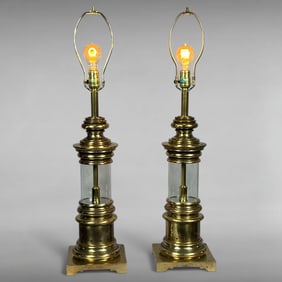 Pair of Vintage Stiffel Brass and Glass Cylinder Table