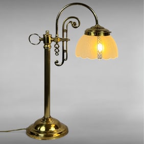 Vintage Art Nouveau Brass Desk Lamp with Fixed Curved Arm and Etched Floral Glass Shade