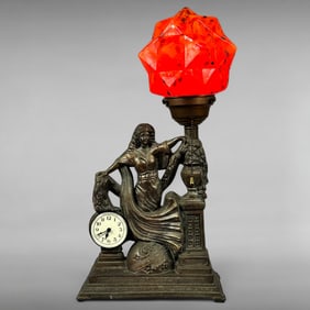 Art Nouveau Spelter Clock Lamp with Czech Splatter Glass Globe