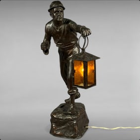 Rare Antique Bronze-Coated Spelter Miner Statue Lamp