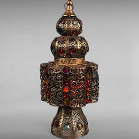Vintage Moroccan Style Jeweled Lantern with Colored Lights
