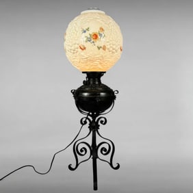 Early 20th-Century American Converted Oil Lamp with Milk-Glass Globe