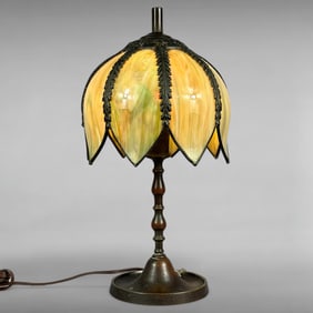 Vintage Tulip Shaped Green Slag Glass Lamp with Bronze Base