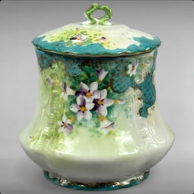 Antique Hand-Painted Nippon Porcelain Biscuit Jar with Violet Motif