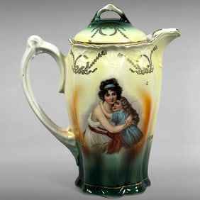 Antique Leuchtenberg Porcelain Chocolate Pot with Mother and Daughter Scene