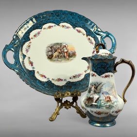 Large Porcelain Blue Platter with Matching Pitcher Made in Austria Signed Carl Larsen