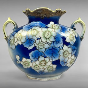 Antique Nippon Blue Floral Moriage Porcelain Vase with Handles