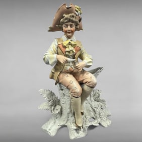 Antique German Porcelain Figural Vase of Boy Playing Flute on Tree Stump