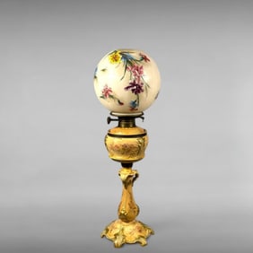 Antique Royal Bonn Floral Porcelain Oil Lamp With Hand-Painted Glass Shade