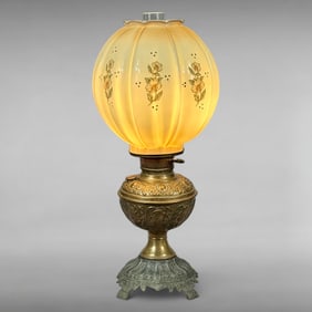 Victorian Gone with the Wind Parlor Lamp with Brass Base and Milk Glass Globe
