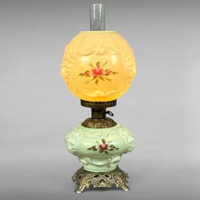 Vintage Jadeite Green Milk Glass Lamp with Hand-Painted Roses and Embossed Lion Heads
