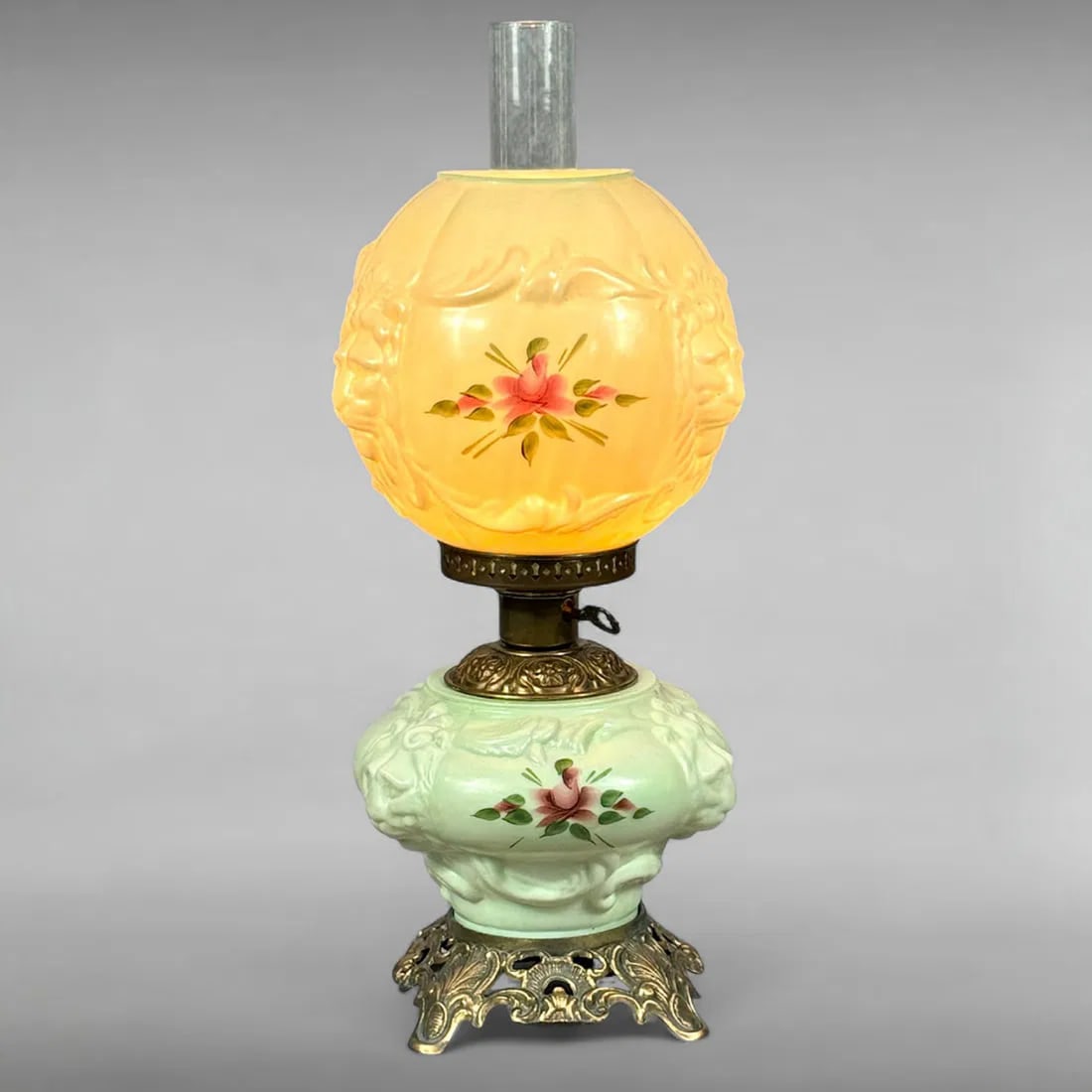 Vintage Jadeite Green Milk Glass Lamp with Hand-Painted Roses and Embossed Lion Heads: Vintage Jadeite Green Milk Glass Lamp with Hand-Painted Roses and Embossed Lion Heads Victorian Revival Elegance • Jadeite Milk Glass • Embossed Lion Masks & Floral Motifs This exquisite vin