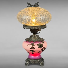 Victorian-Inspired Opalescent Glass Parlor Lamp with Crackle Shade and Fox Finial