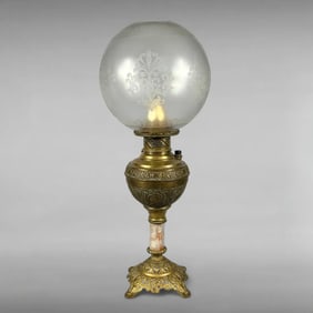 Antique The New Juno No. 2 Oil Lamp Converted to Electric with Etched Glass Globe