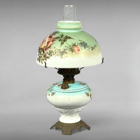 Antique Victorian Hand-Painted Floral Milk Glass Oil Lamp