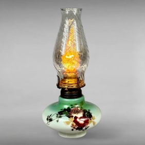 Victorian-Inspired Hand-Painted Converted Oil Lamp with Iridescent Globe