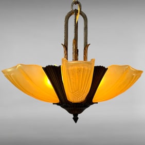 Art Deco 5-Light Slip Shade Chandelier, Amber & White Glass, c.1930s