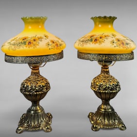 Pair of Victorian-Style Table Lamps with Hand-Painted Daisy Shades — Circa 1950s