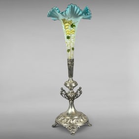 Antique Victorian Blue Opaline Glass Trumpet Vase on Silver-Plated Stand