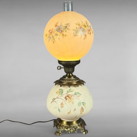 Vintage Hand-Painted Milk Glass Converted Oil Lamp with Floral and Leaf Design