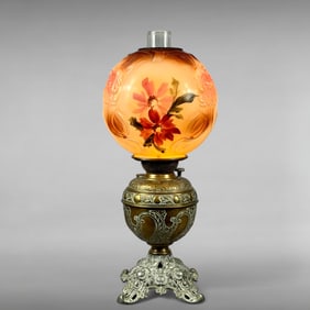 Victorian Floral Hand-Painted Brass Oil Lamp with Electric Conversion