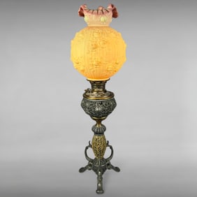 Antique Edward Miller & Co. Converted Oil Lamp with Fenton Burmese Shade