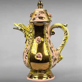 Vintage Capodimonte Style Porcelain Ewer with Applied Roses and Gold Gilt