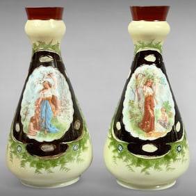 Pair of Antique Bohemian Hand-Painted Porcelain Vases – Late 19th Century