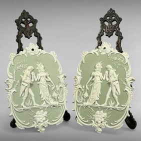 Pair of Volkstedt Green Jasperware Courting Couple Wall Plaques – Neoclassical Germany