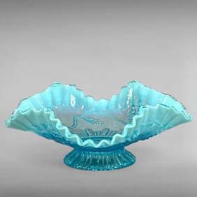 Vintage Fenton Blue Opalescent Grape and Cable Footed Bowl