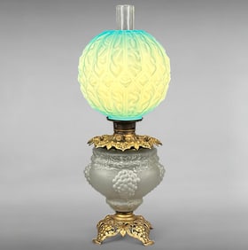 Vintage Blue Opalescent Quilted Shade Grape Motif Frosted Glass Oil Lamp - Electrified