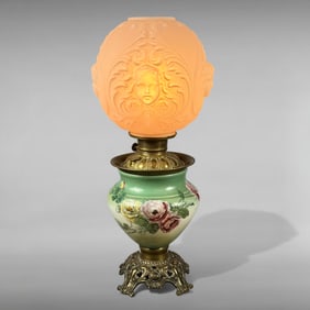 Antique Satin-Finish Pressed Cherub Glass Rose Converted Oil Lamp