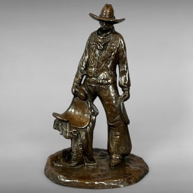 Late 20th-Century Resin Cowboy Sculpture Holding Saddle by Terri Blem