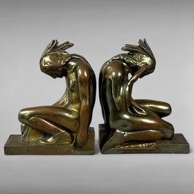 1920s Bronze-Clad Bookends Kneeling Native American Figures by Paul Herzel