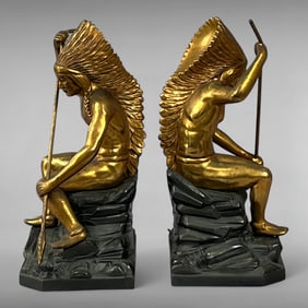 Early 20th-Century Gilded Bronze-Clad Bookends — Seated Native American Warriors