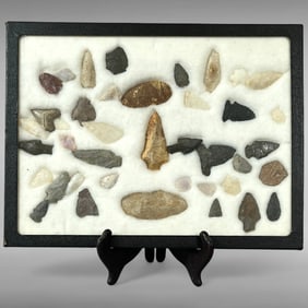 Framed 40 Arrow Heads and Tools — Prehistoric Points, Private Estate