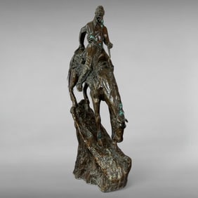 Bronze Sculpture: Native American and Horse Descending a Slope (Inspired by Remington Mountain Man)