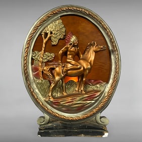 Vintage Chalkware Lamp Native American Warrior, Reverse-Painted Glass, Mid-Century