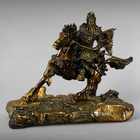 Vintage Guan Yu on Horseback — Painted Resin Sculpture with Inscription
