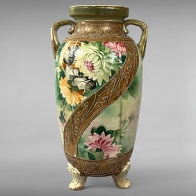 Meiji Period Japanese Porcelain Vase — Floral Moriage, Pale Green Glaze