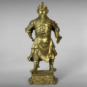 Antique Chinese Brass Sculpture Guan Yu Stroking Beard, Late Qing to Republic Period