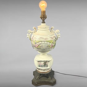 Vintage Asian Porcelain Lamp with Hand-Painted Landscape and Dragon Base