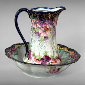 Taisho-Era Nippon Pitcher & Bowl Set — Hand-Painted