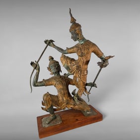 Bronze Gilt Cambodian Sculpture — Rama & Hanuman in Reamker Pose