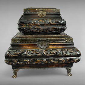 Victorian Anglo-Indian Teak Stacking Boxes — Brass Hardware & Velvet Interiors